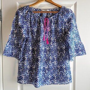 Milly Blue White Print Neon Pink Tassel Trumpet Sleeve Cotton Peasant Top - XS